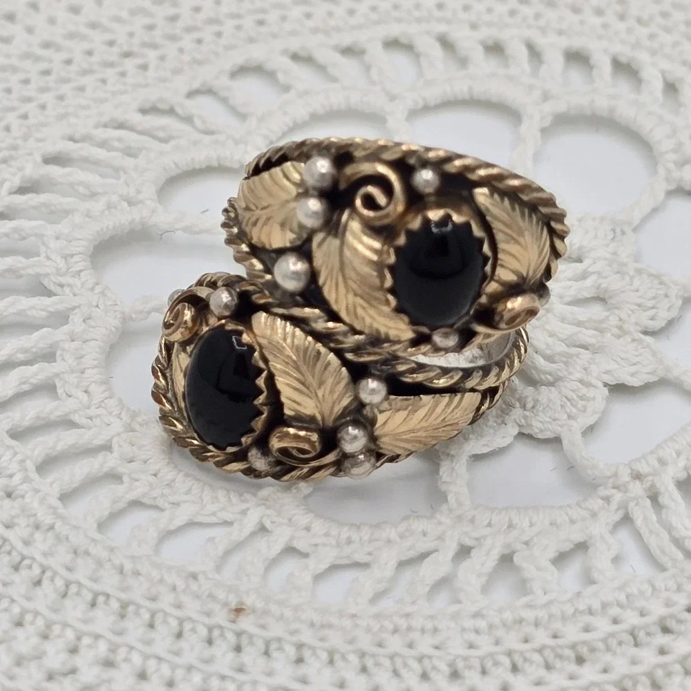 Vintage Bypass Ring Adjustable Size 4 12K Gold Filled Black Gemstone Seed Pearl